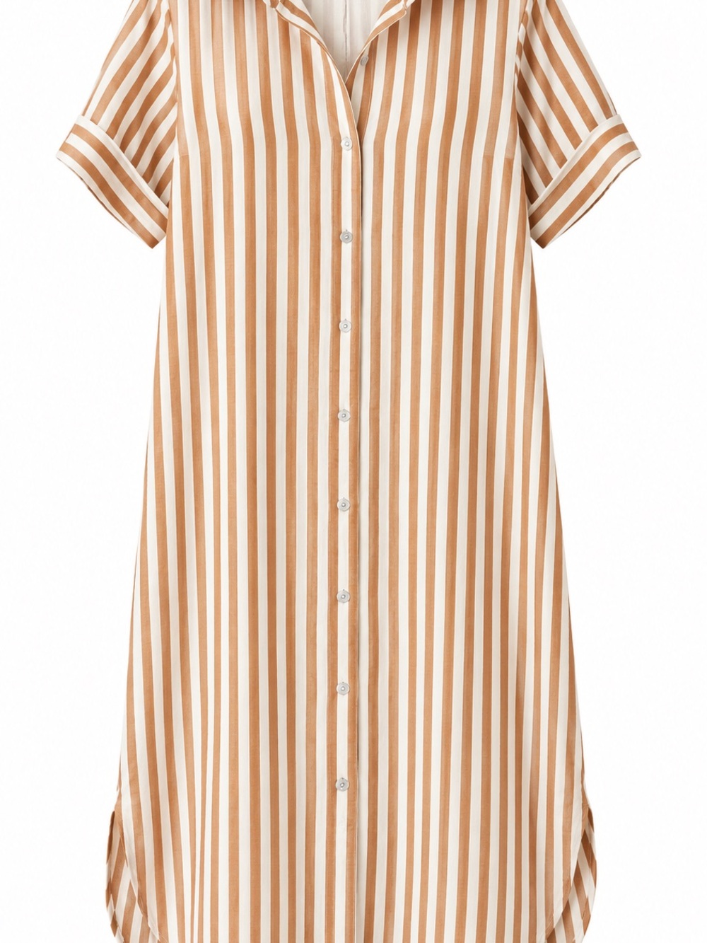 Striped Button-Front Shirt Dress in Camel & White